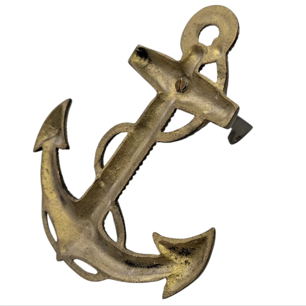 Vintage Large Cast Brass Anchor With Rope, Nautical Wall Mount. 7.5